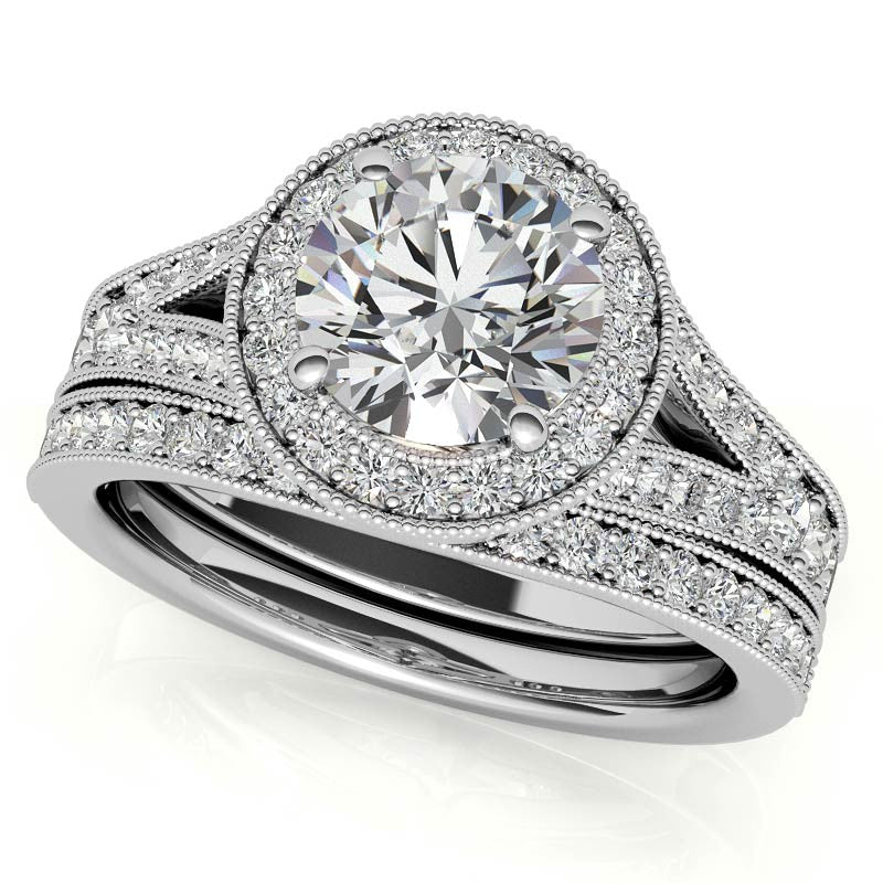 Round Split Shank Halo Engagement Ring with Milgrain