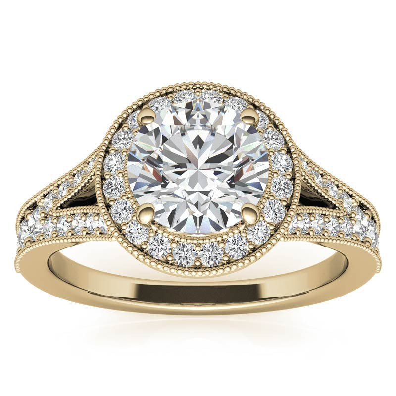Round Split Shank Halo Engagement Ring with Milgrain