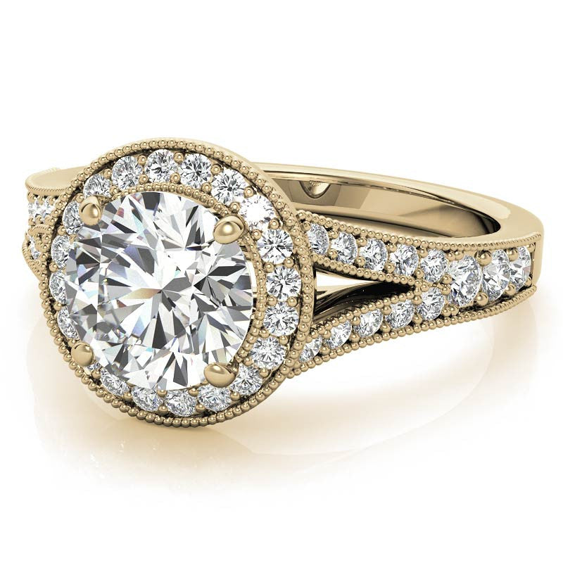 Round Split Shank Halo Engagement Ring with Milgrain