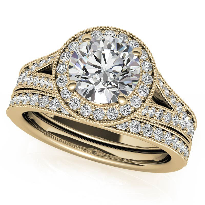 Round Split Shank Halo Engagement Ring with Milgrain