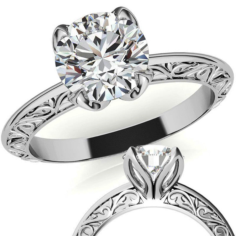 Round Scroll Accent Solitaire Ring with Tulip Prongs