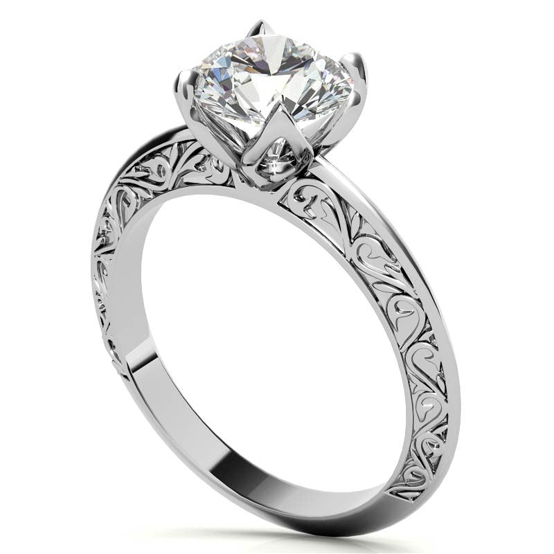 Round Scroll Accent Solitaire Ring with Tulip Prongs