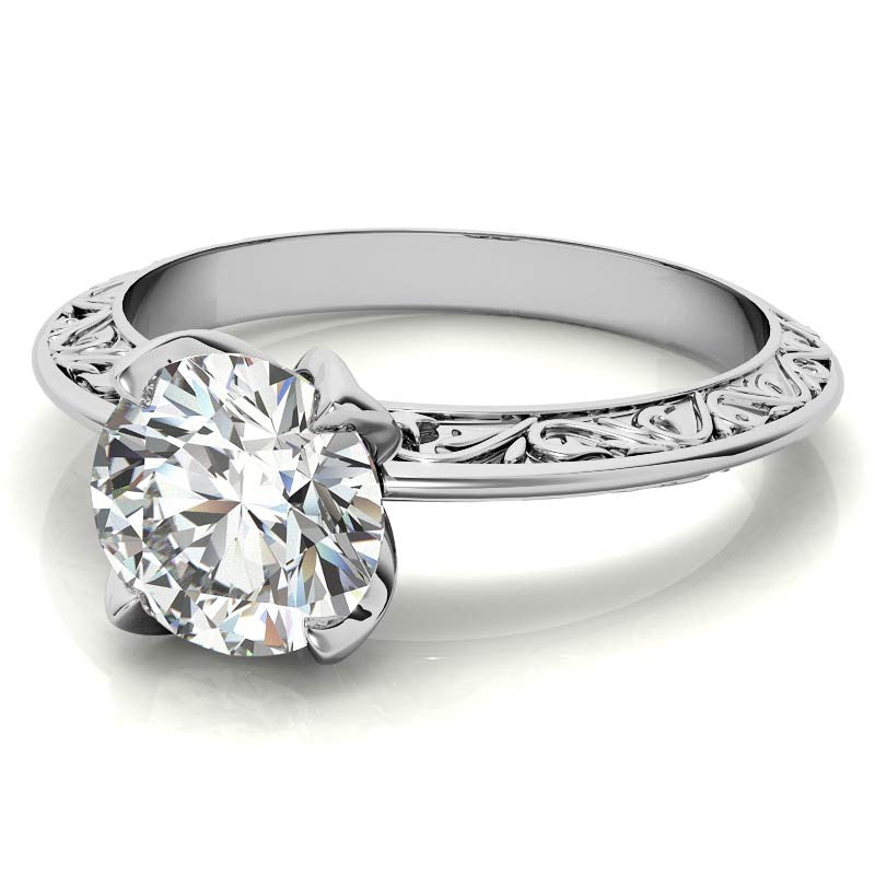 Round Scroll Accent Solitaire Ring with Tulip Prongs