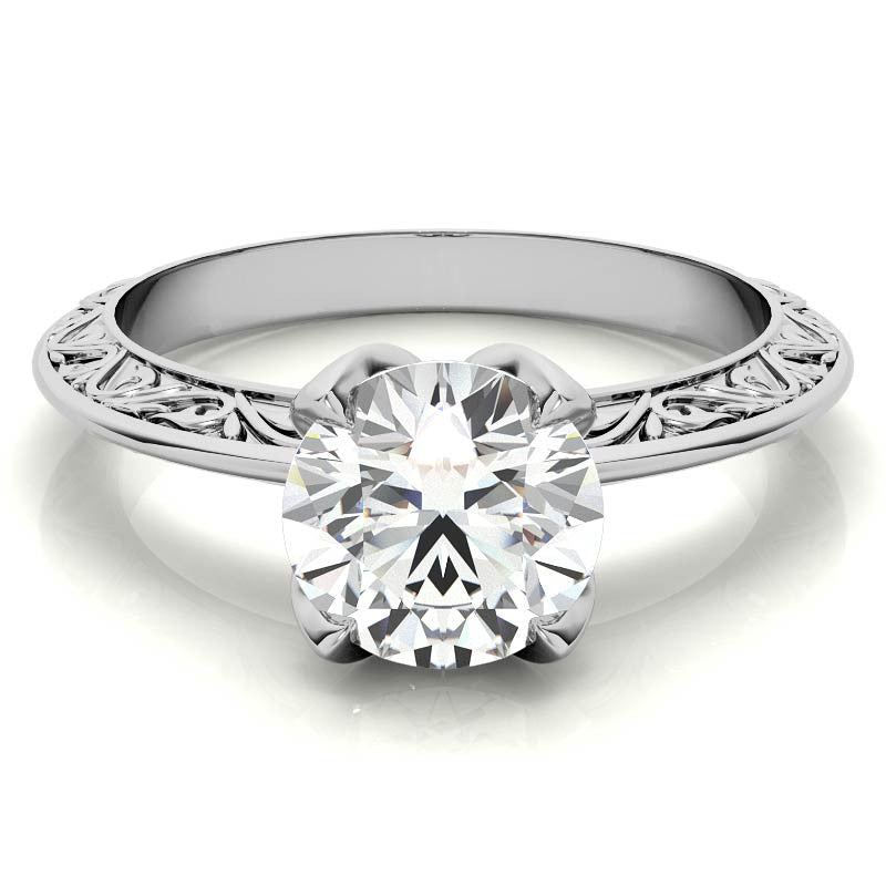 Round Scroll Accent Solitaire Ring with Tulip Prongs