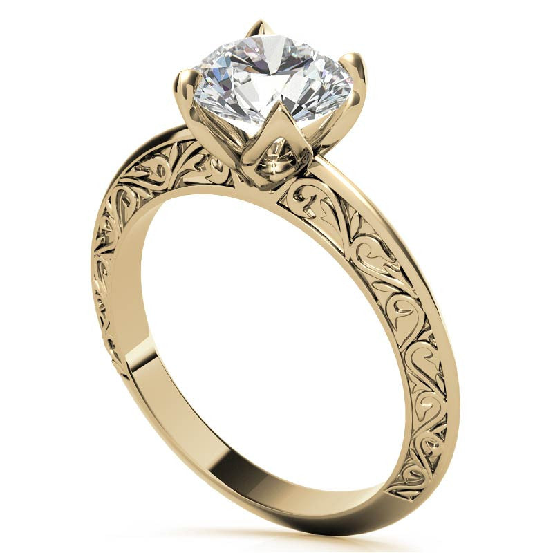 Round Scroll Accent Solitaire Ring with Tulip Prongs