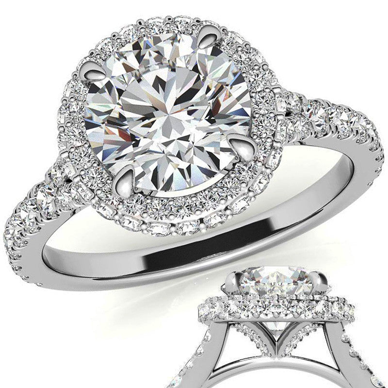 Cathedral Halo and Side Halo Round Brilliant Moissanite Engagement Ring