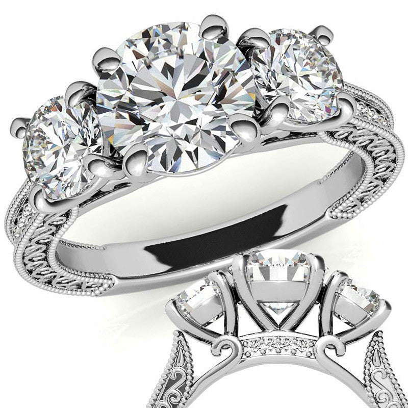 3-Stone Round Scroll Cathedral Moissanite Engagement Ring