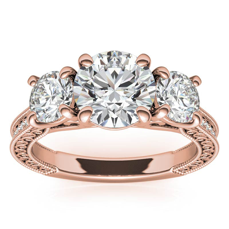 3-Stone Round Scroll Cathedral Moissanite Engagement Ring