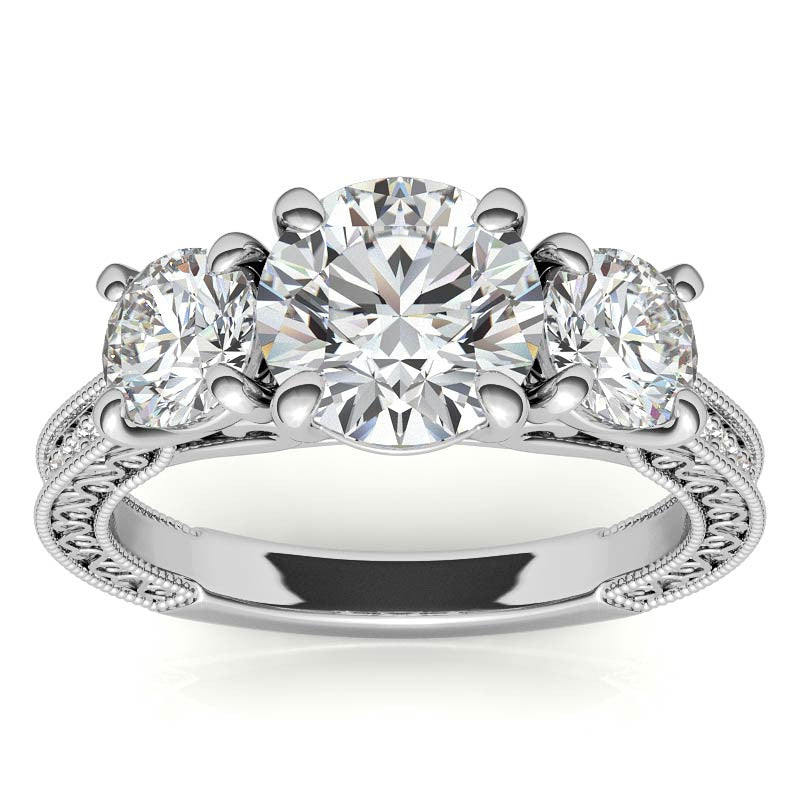3-Stone Round Scroll Cathedral Moissanite Engagement Ring