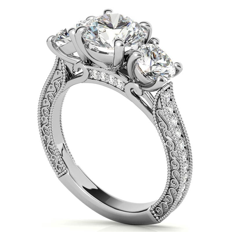 3-Stone Round Scroll Cathedral Moissanite Engagement Ring