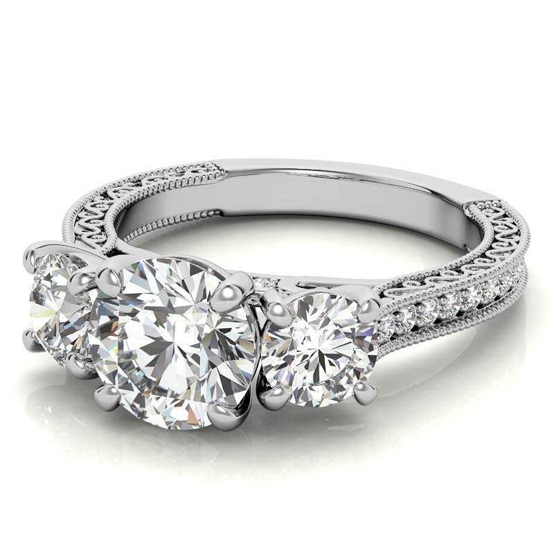 3-Stone Round Scroll Cathedral Moissanite Engagement Ring