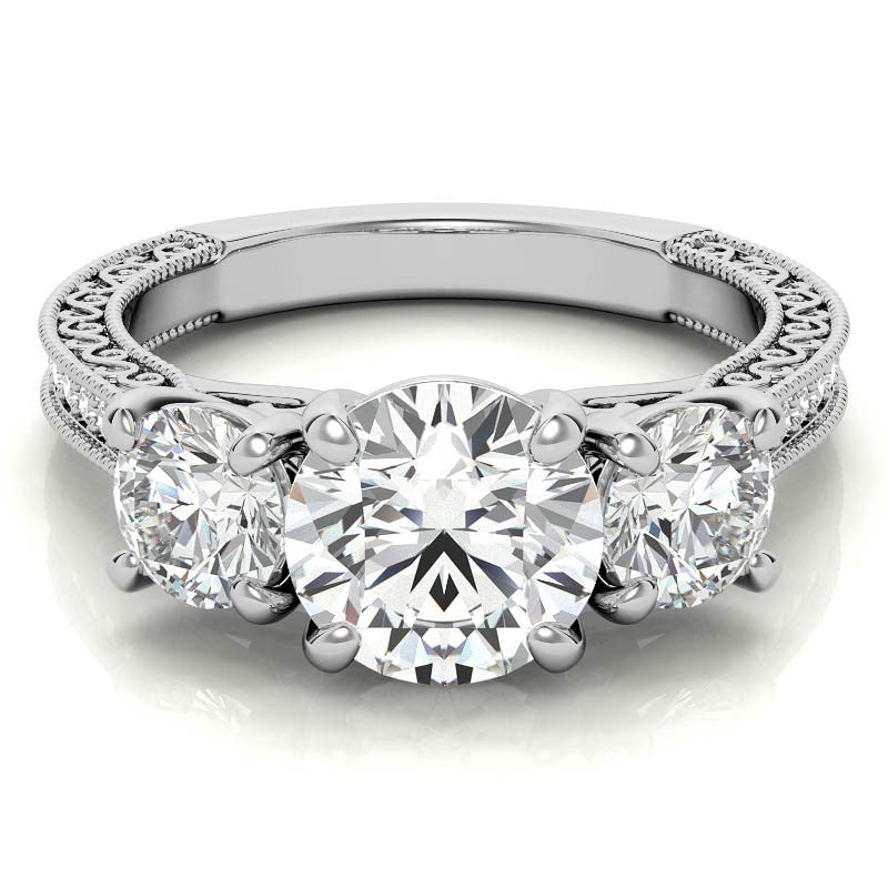 3-Stone Round Scroll Cathedral Moissanite Engagement Ring