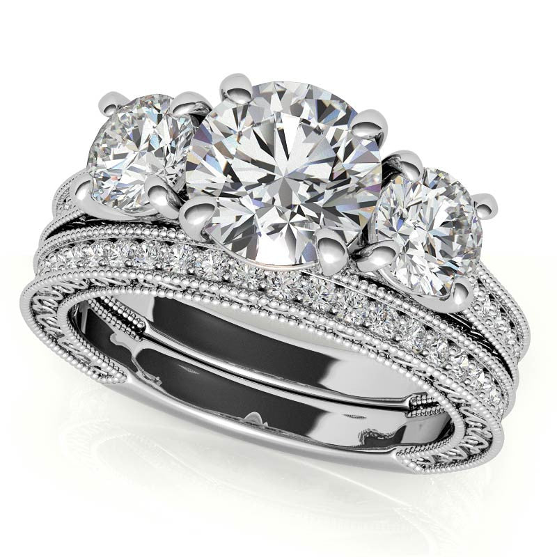 3-Stone Round Scroll Cathedral Moissanite Engagement Ring