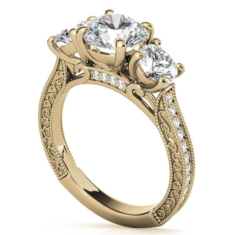 3-Stone Round Scroll Cathedral Moissanite Engagement Ring