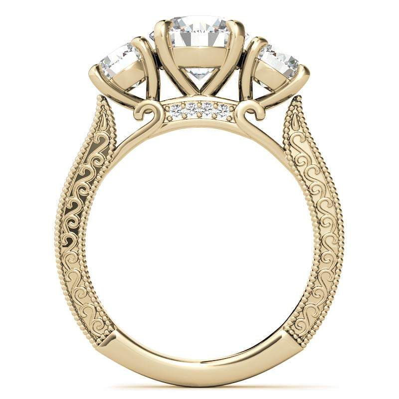 3-Stone Round Scroll Cathedral Moissanite Engagement Ring