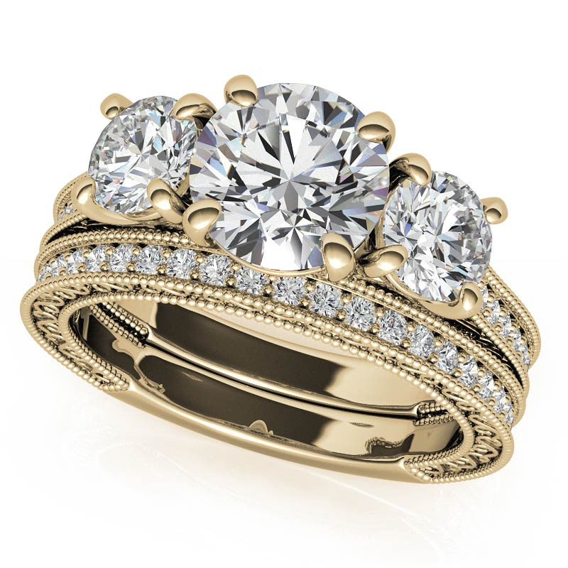 3-Stone Round Scroll Cathedral Moissanite Engagement Ring