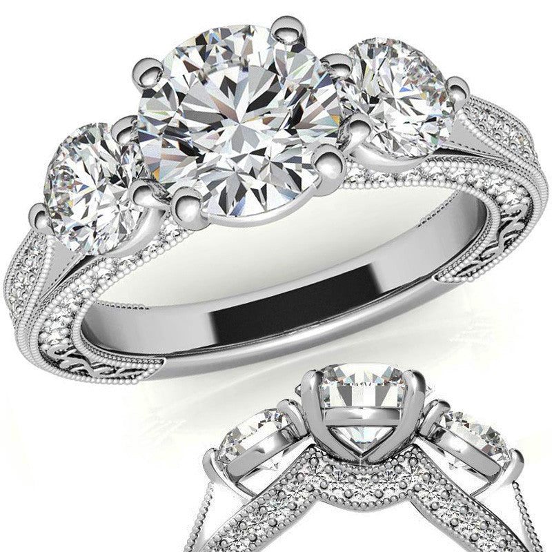 Antique Style Round 3-Stone Moissanite Engagement Ring