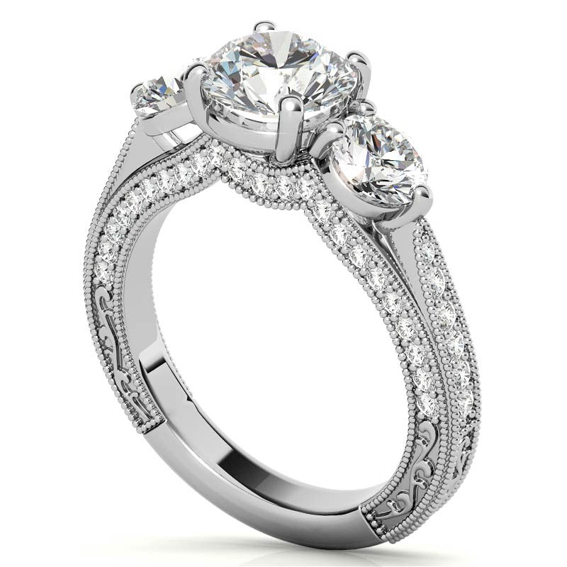 Antique Style Round 3-Stone Moissanite Engagement Ring