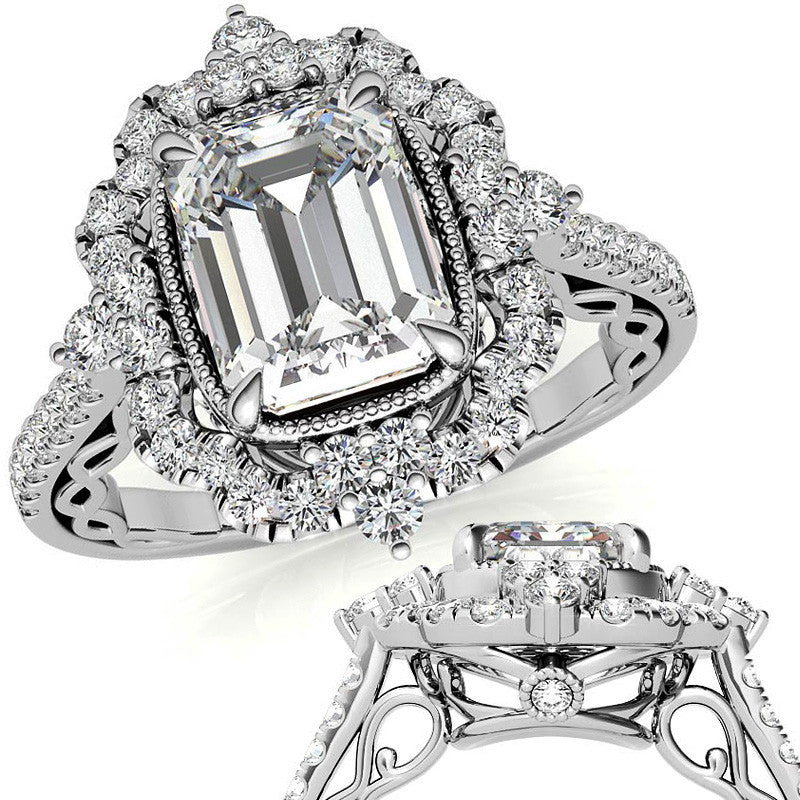 Ornate Emerald / Radiant Moissanite Graduated Halo Engagement Ring