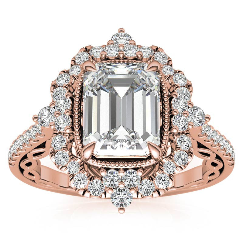 Ornate Emerald / Radiant Moissanite Graduated Halo Engagement Ring