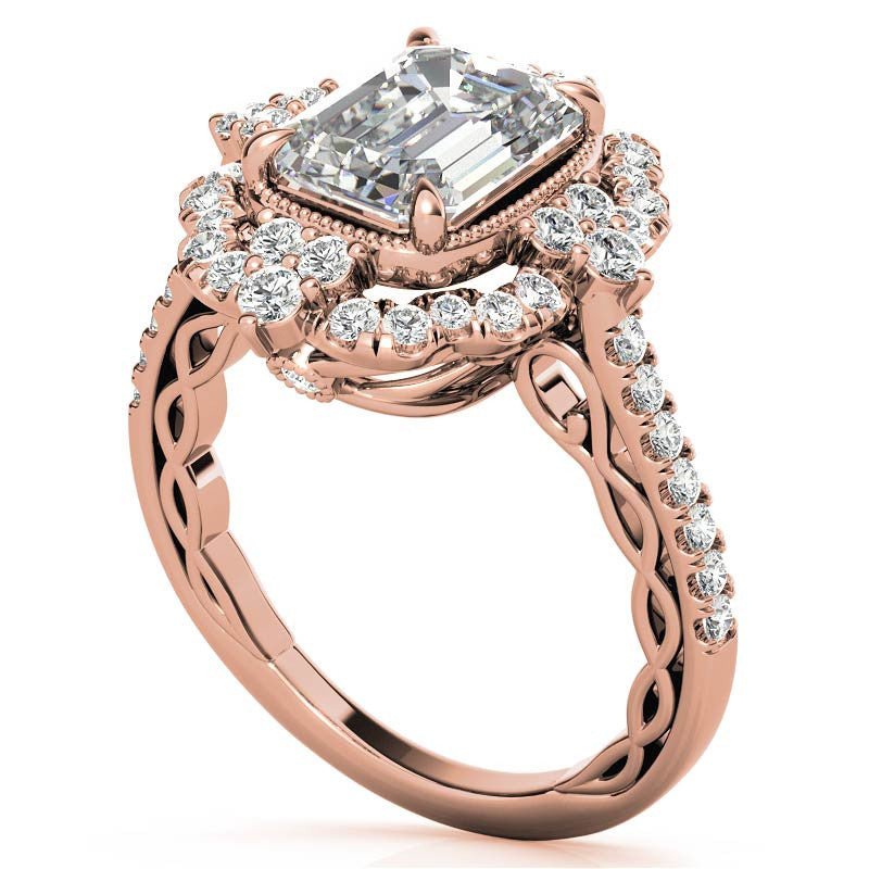 Ornate Emerald / Radiant Moissanite Graduated Halo Engagement Ring