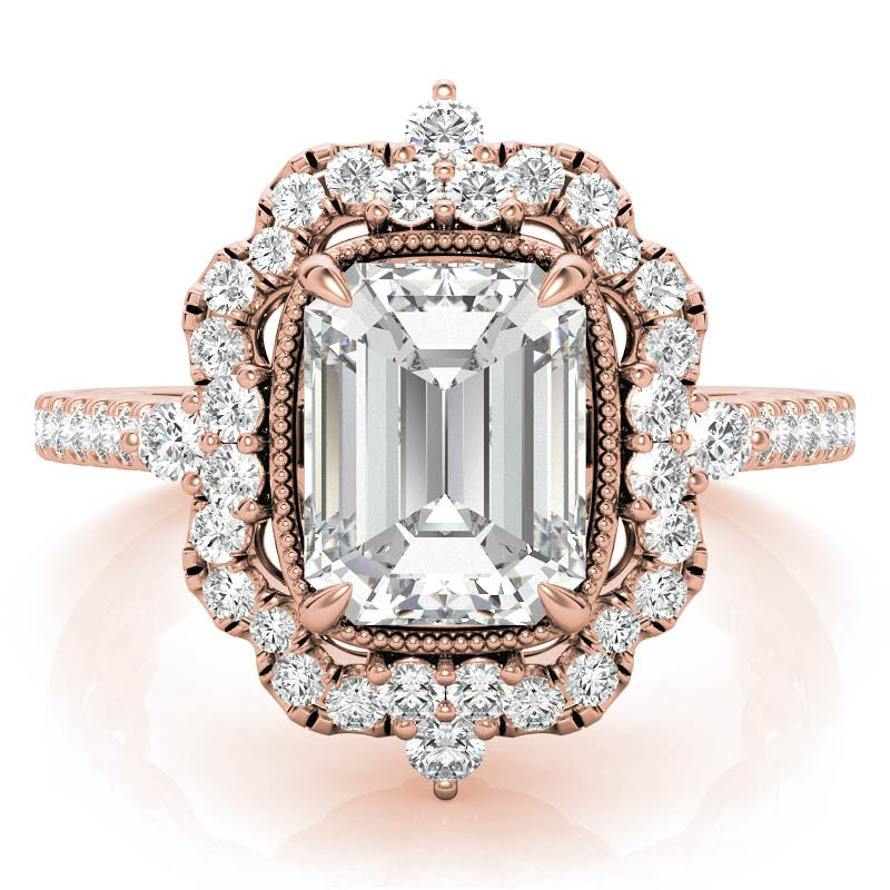 Ornate Emerald / Radiant Moissanite Graduated Halo Engagement Ring