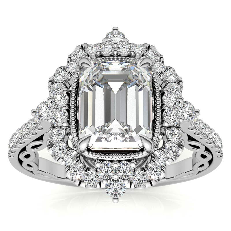 Ornate Emerald / Radiant Moissanite Graduated Halo Engagement Ring