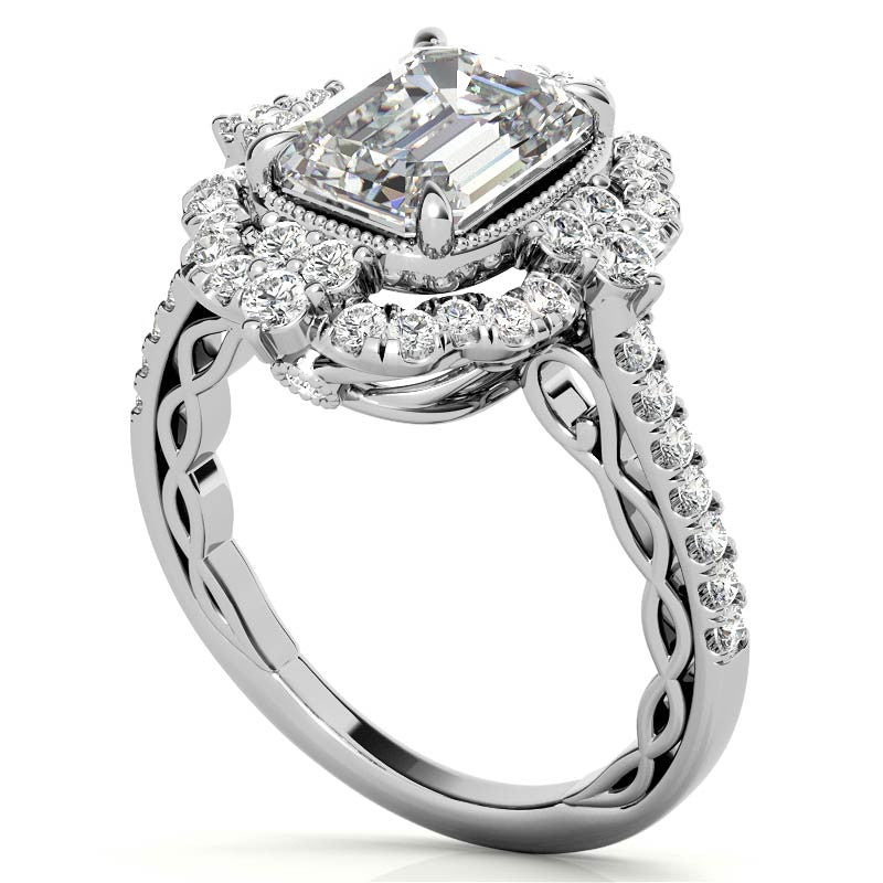 Ornate Emerald / Radiant Moissanite Graduated Halo Engagement Ring