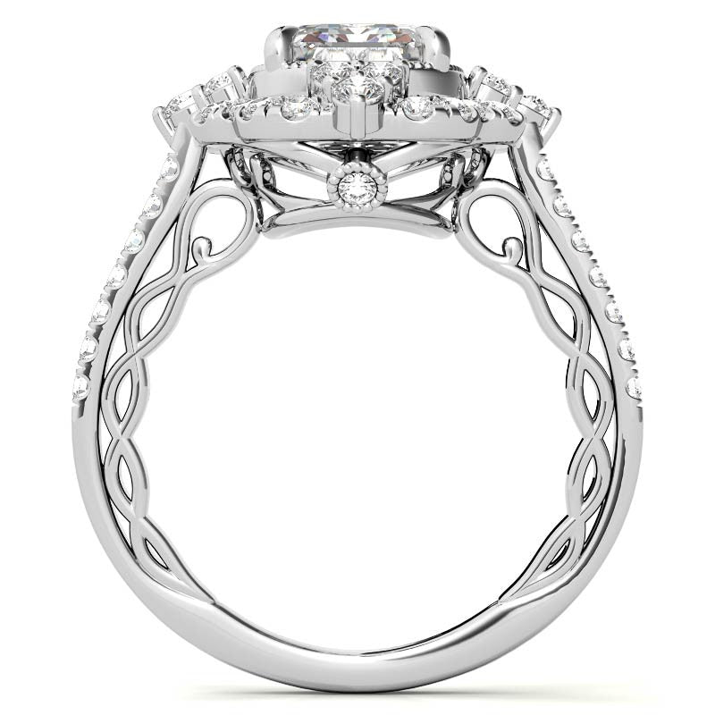 Ornate Emerald / Radiant Moissanite Graduated Halo Engagement Ring