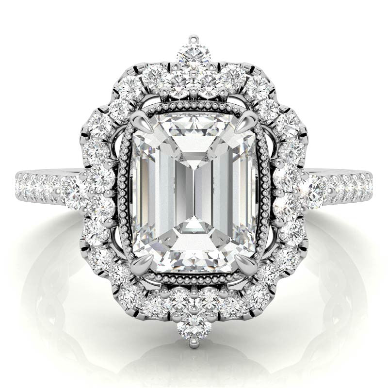 Ornate Emerald / Radiant Moissanite Graduated Halo Engagement Ring