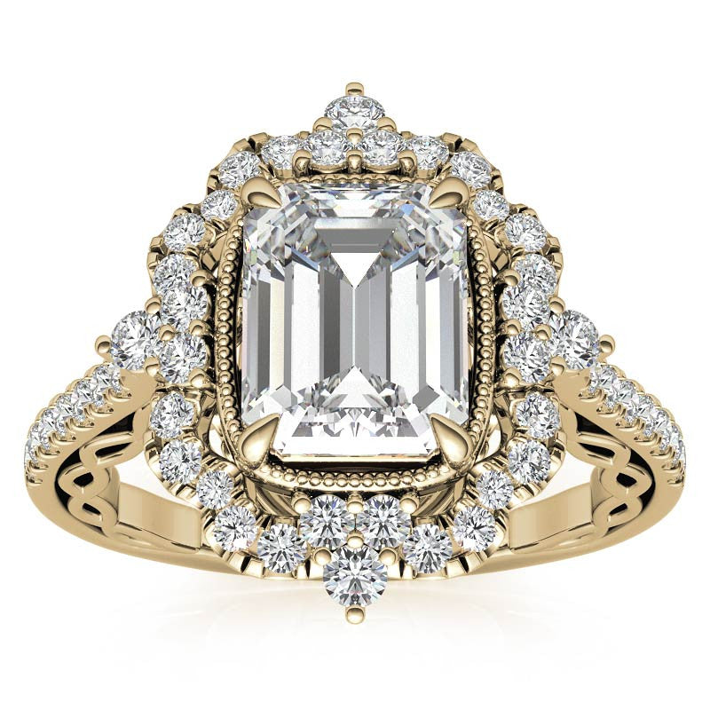 Ornate Emerald / Radiant Moissanite Graduated Halo Engagement Ring