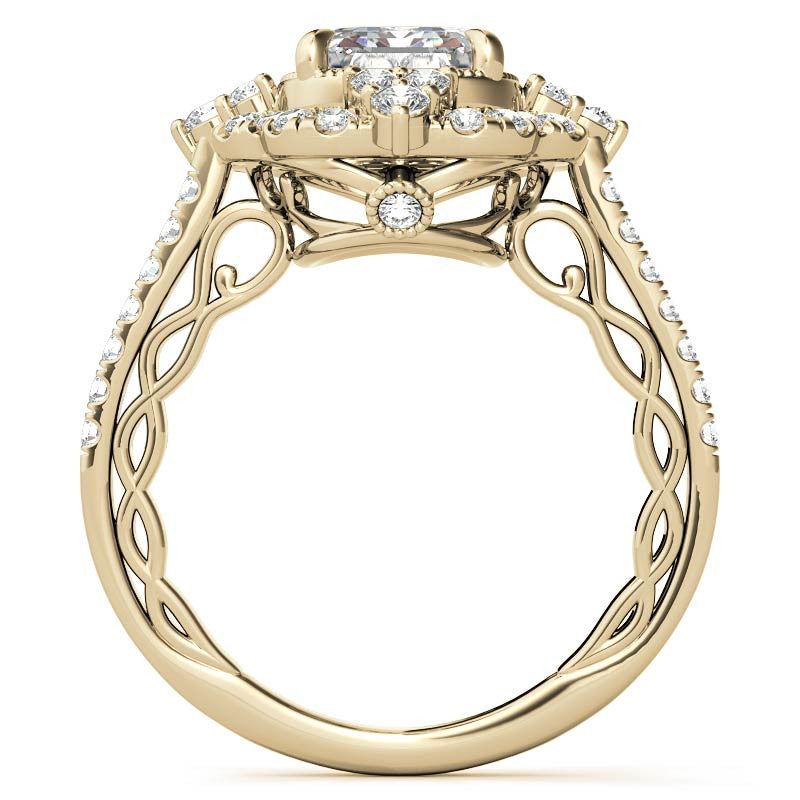 Ornate Emerald / Radiant Moissanite Graduated Halo Engagement Ring