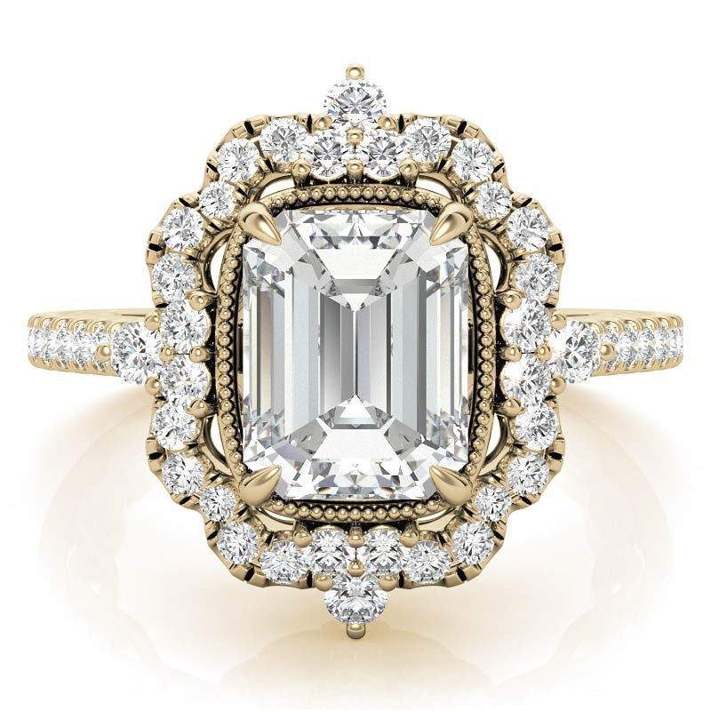 Ornate Emerald / Radiant Moissanite Graduated Halo Engagement Ring