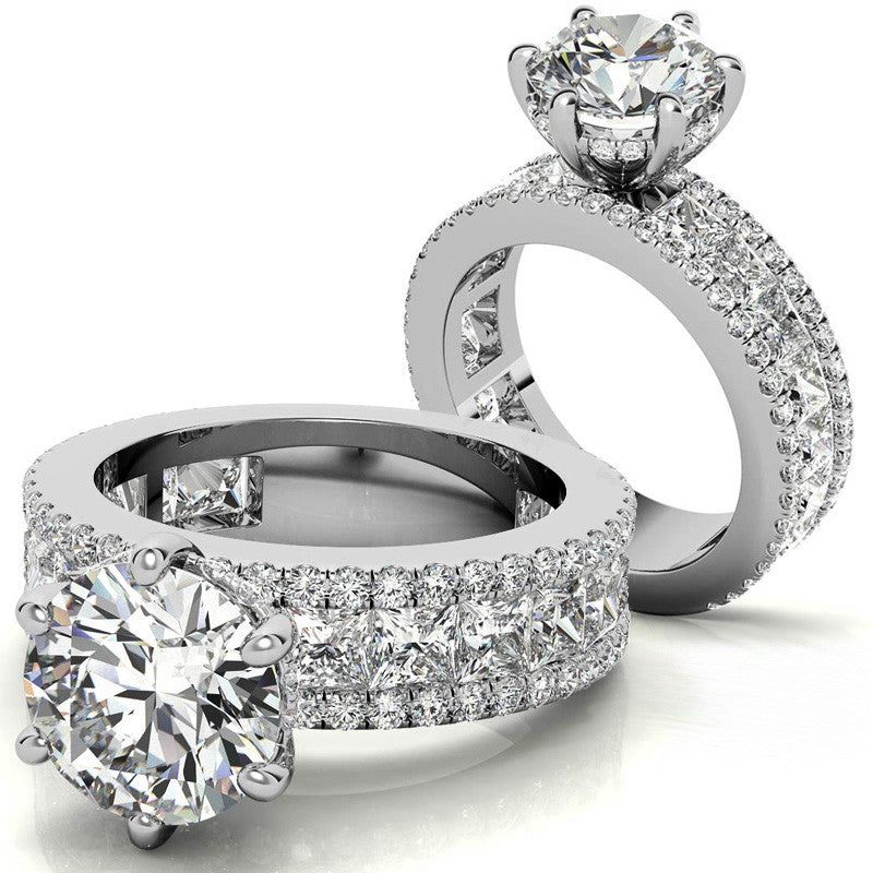 Round and Princess cut Moissanite Engagement Ring with Hidden Halo