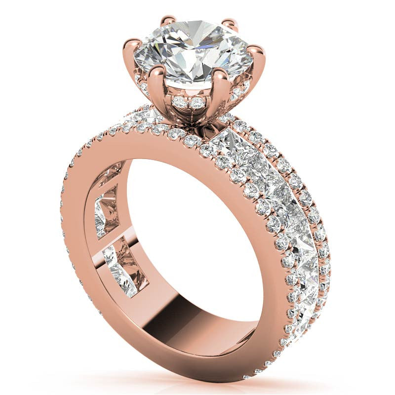 Round and Princess cut Moissanite Engagement Ring with Hidden Halo
