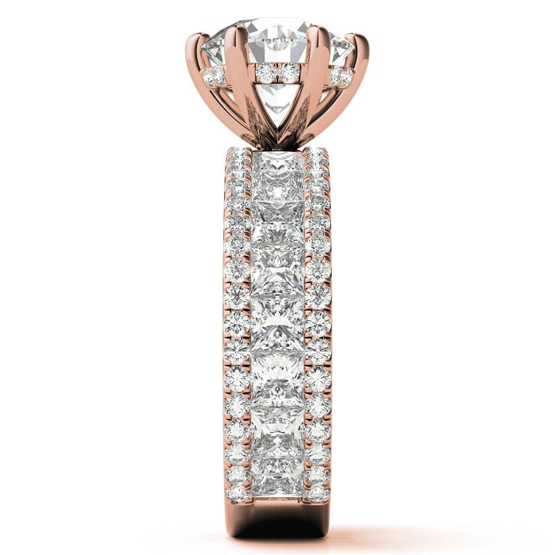 Round and Princess cut Moissanite Engagement Ring with Hidden Halo