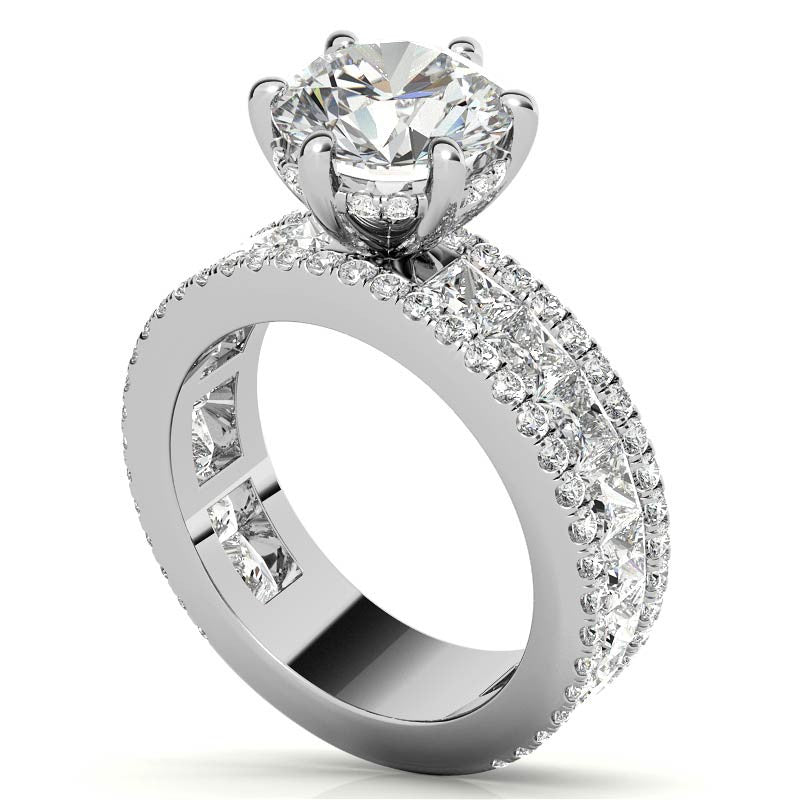 Round and Princess cut Moissanite Engagement Ring with Hidden Halo