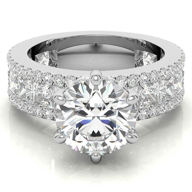 Round and Princess cut Moissanite Engagement Ring with Hidden Halo