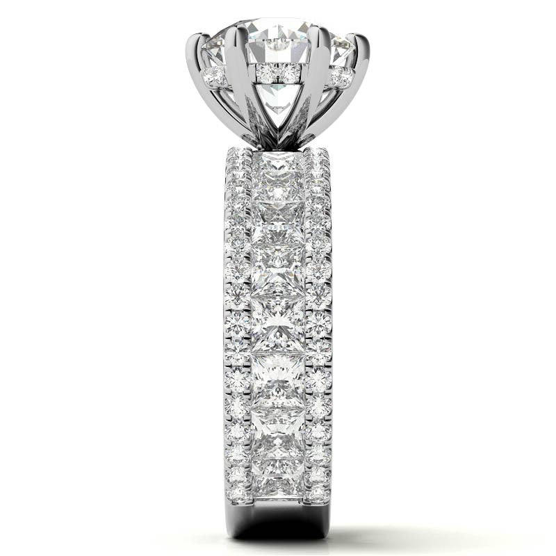 Round and Princess cut Moissanite Engagement Ring with Hidden Halo