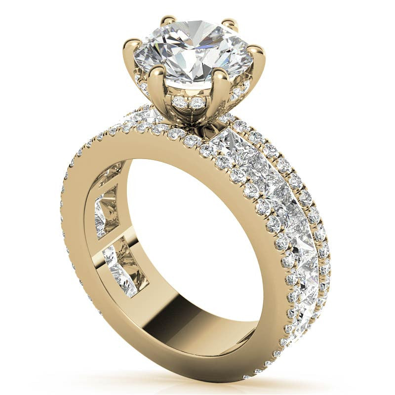 Round and Princess cut Moissanite Engagement Ring with Hidden Halo