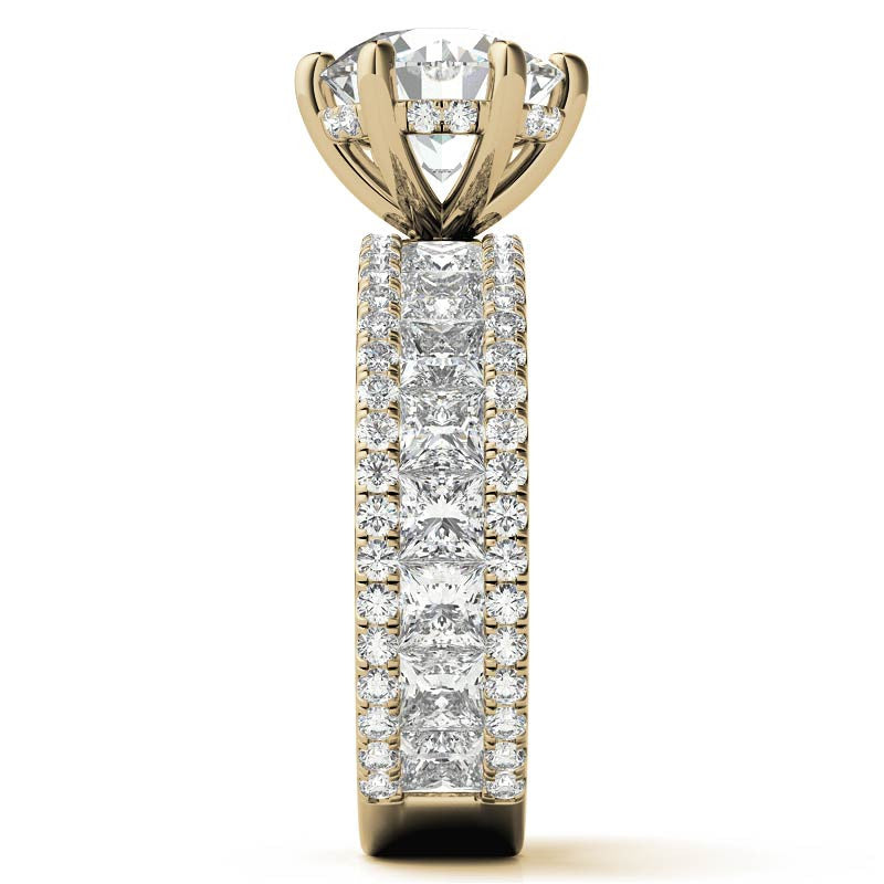 Round and Princess cut Moissanite Engagement Ring with Hidden Halo