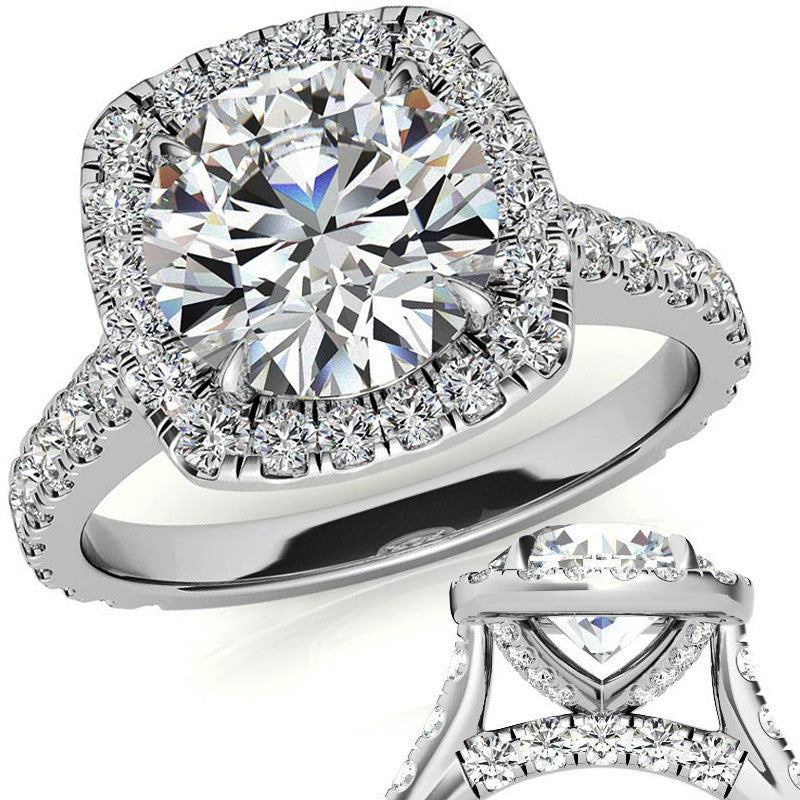 Round Cathedral Moissanite Cushion Halo Accented Engagement Ring