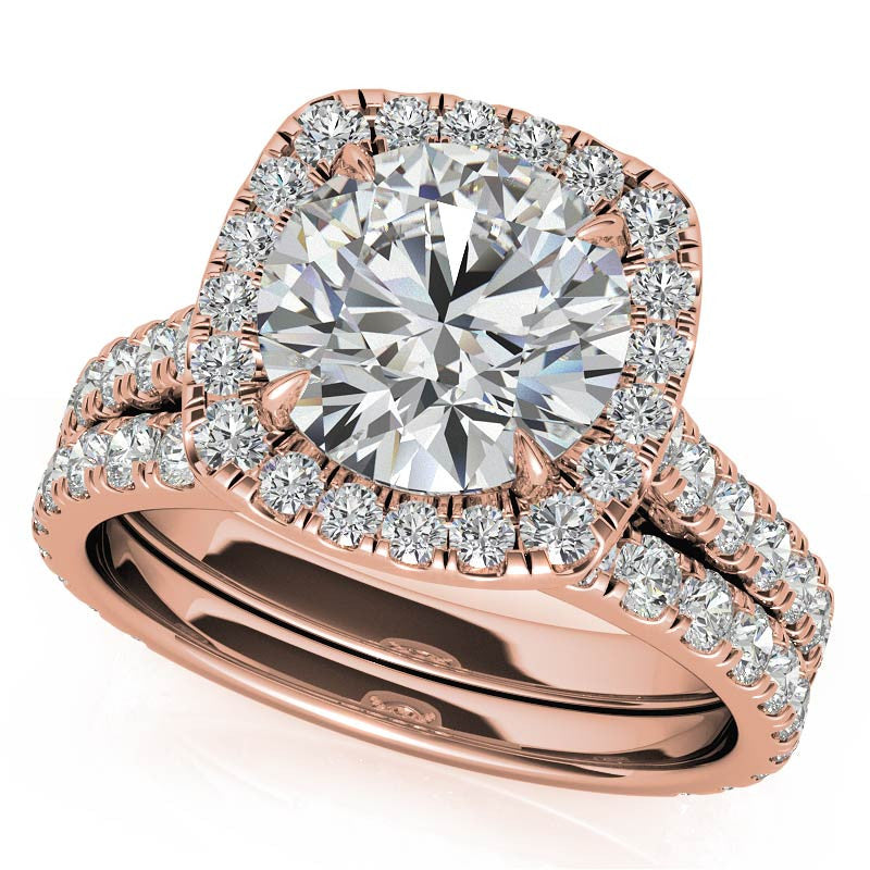 Round Cathedral Moissanite Cushion Halo Accented Engagement Ring