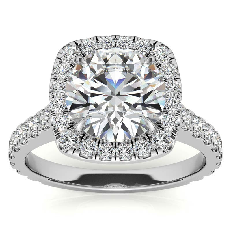 Round Cathedral Moissanite Cushion Halo Accented Engagement Ring
