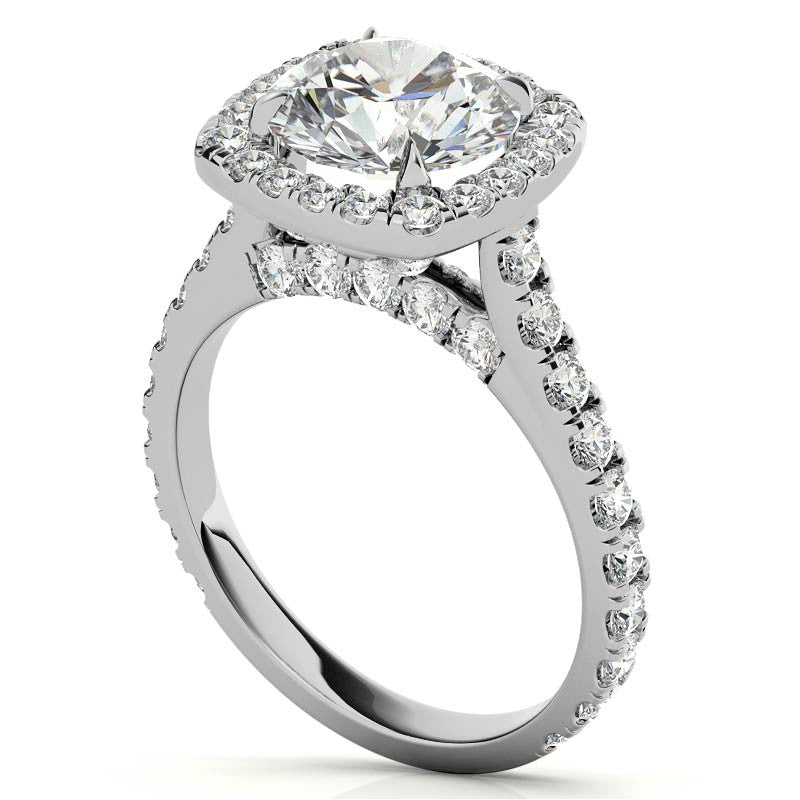 Round Cathedral Moissanite Cushion Halo Accented Engagement Ring