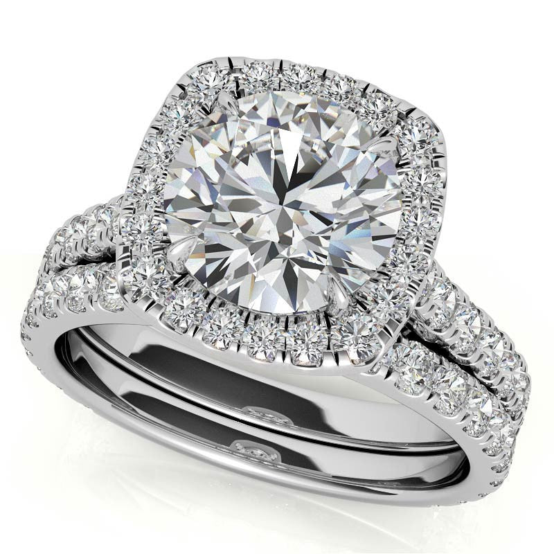 Round Cathedral Moissanite Cushion Halo Accented Engagement Ring