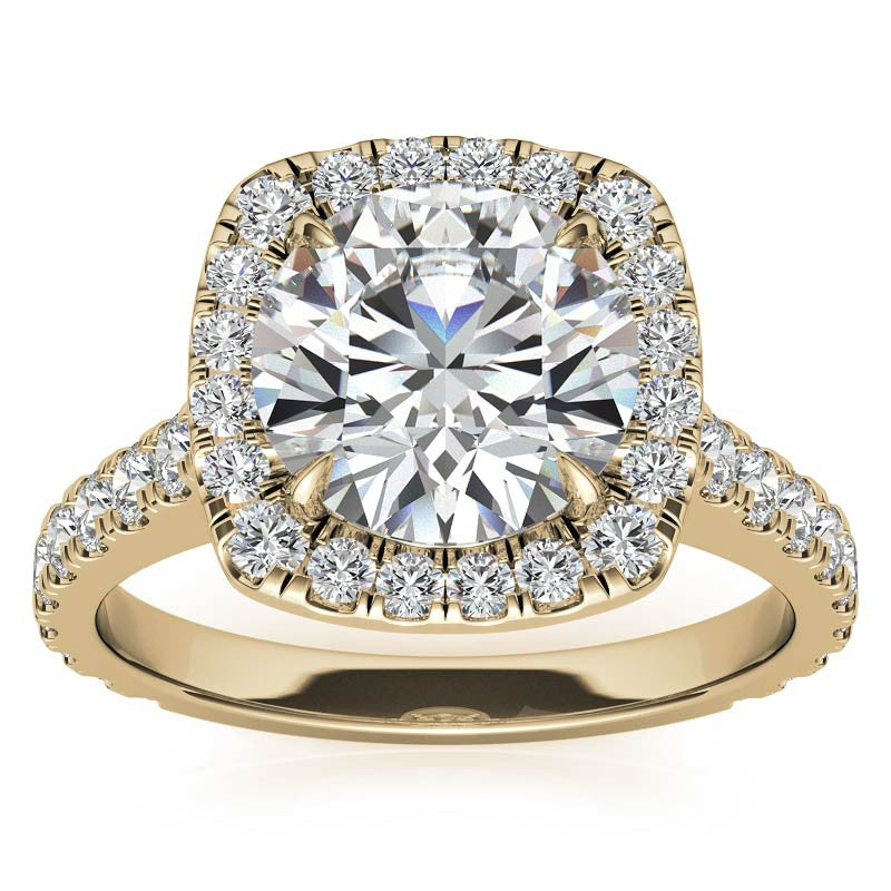 Round Cathedral Moissanite Cushion Halo Accented Engagement Ring