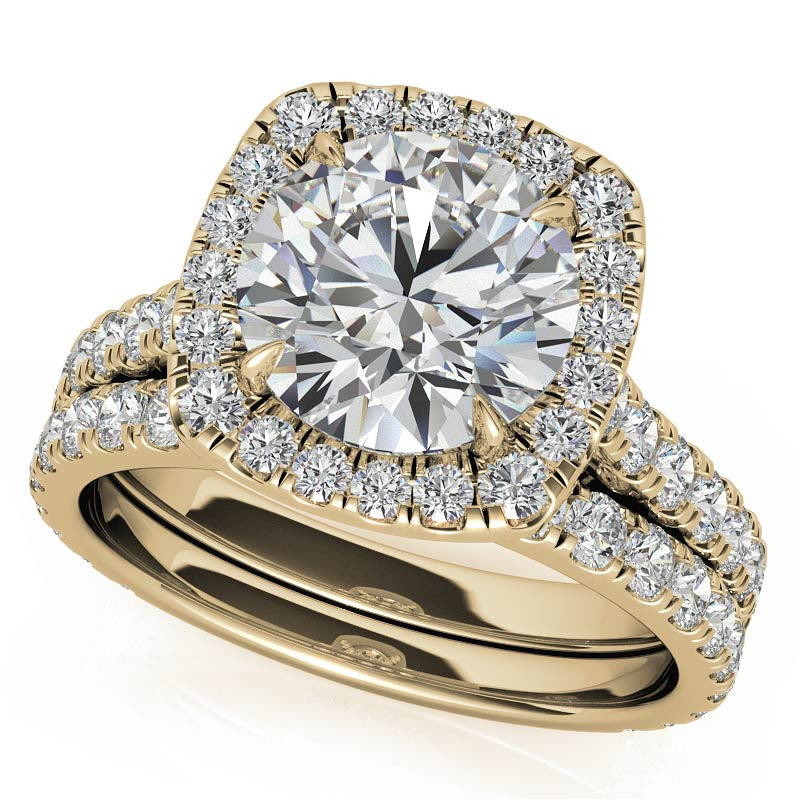Round Cathedral Moissanite Cushion Halo Accented Engagement Ring