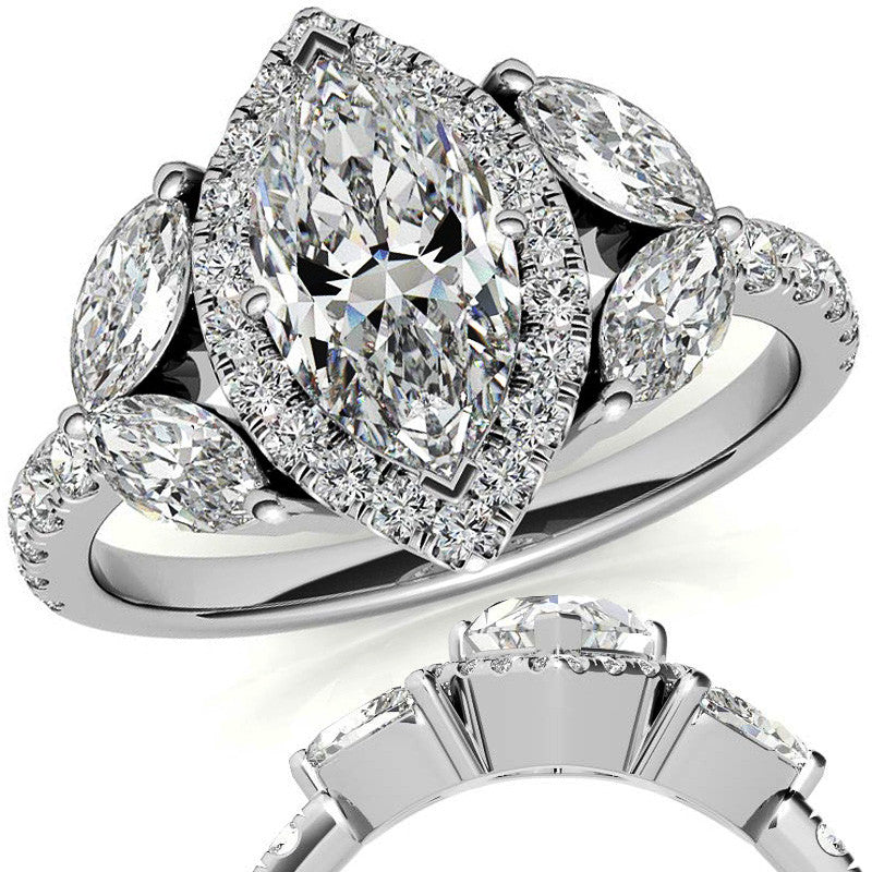 Marquise Halo Floral Moissanite Engagement Ring