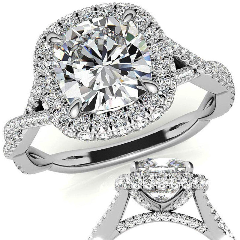 Encircled Cushion Halo Twisted Infinity Moissanite Engagement Ring